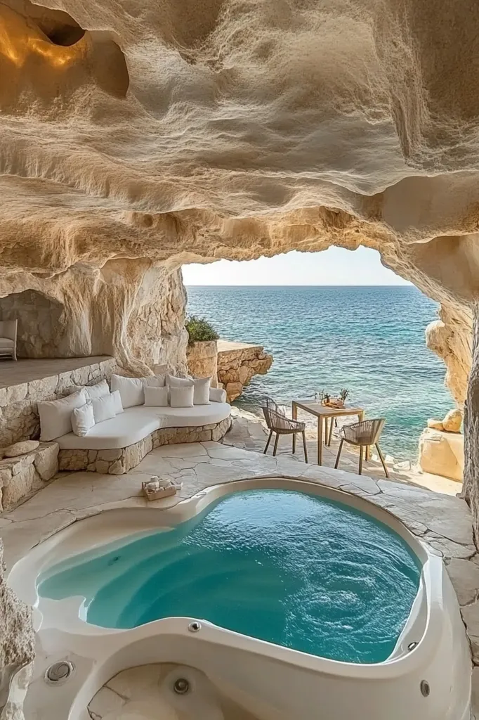 The image shows a luxurious outdoor space carved into a cliff face. A white couch sits on a stone platform overlooking a sparkling blue infinity pool. The pool is nestled between the cliff face and the crystal-clear ocean. The view from the pool area is breathtaking, with the vast expanse of blue water extending to the horizon. The scene is serene and inviting, promising a tranquil escape from the everyday world.