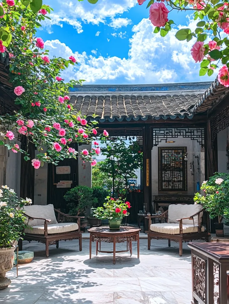 A tranquil courtyard scene with a white tiled floor and two elegant wooden chairs facing each other around a small table. Lush greenery frames the courtyard, with pink roses blooming on the vine overhead. The traditional Chinese architecture adds to the serene ambiance. The blue sky and white clouds above complete the picture of peaceful beauty.
