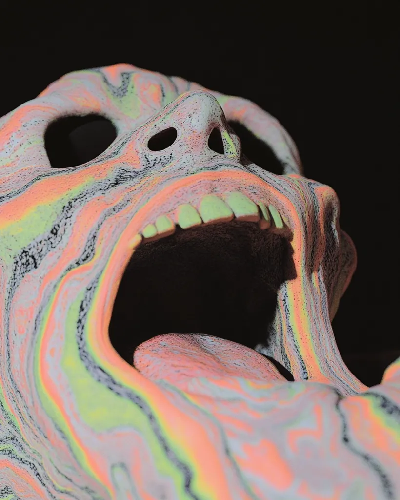 The image shows a close-up of a skull with its mouth wide open, screaming. It has a marbled appearance, with swirls of pink, orange, yellow, and black. The skull appears to be made of a textured material, like clay or plaster. The overall effect is unsettling and evokes a feeling of fear or dread.