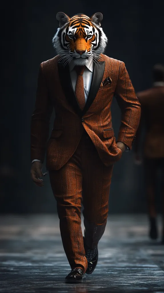 A tiger wearing a brown suit and a red tie walks confidently down a runway. The tiger's face is serious, and its eyes are fixed on the ground. The suit is tailored perfectly to the tiger's body, and the shoes are polished to a shine. The background is dark and blurred, creating a dramatic contrast with the tiger's bright orange fur. The image is a playful and stylish take on the classic fashion photograph.