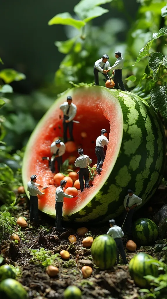 A giant watermelon lies on the ground, cut open, revealing its juicy red flesh. Tiny, miniature figures in white shirts and dark pants are clustered around the watermelon, some slicing it, others carrying pieces, and some simply gazing at the abundance.  The scene is set in a lush, green forest, with foliage blurring around the edges of the image. The tiny figures and giant watermelon create a playful, surreal perspective, hinting at a miniature world existing within the natural environment.