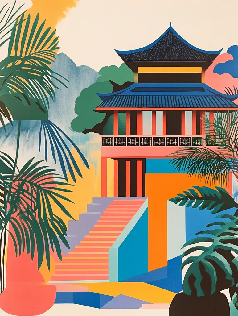 The image is a colorful, geometric illustration of a traditional Chinese pagoda. The pagoda is painted in shades of blue, red, and orange. In the foreground, a large, lush palm tree dominates the left side of the image, while a smaller palm tree is on the right. The ground is covered in bright, contrasting geometric shapes. The scene is brightly colored and cheerful, with a modern aesthetic.