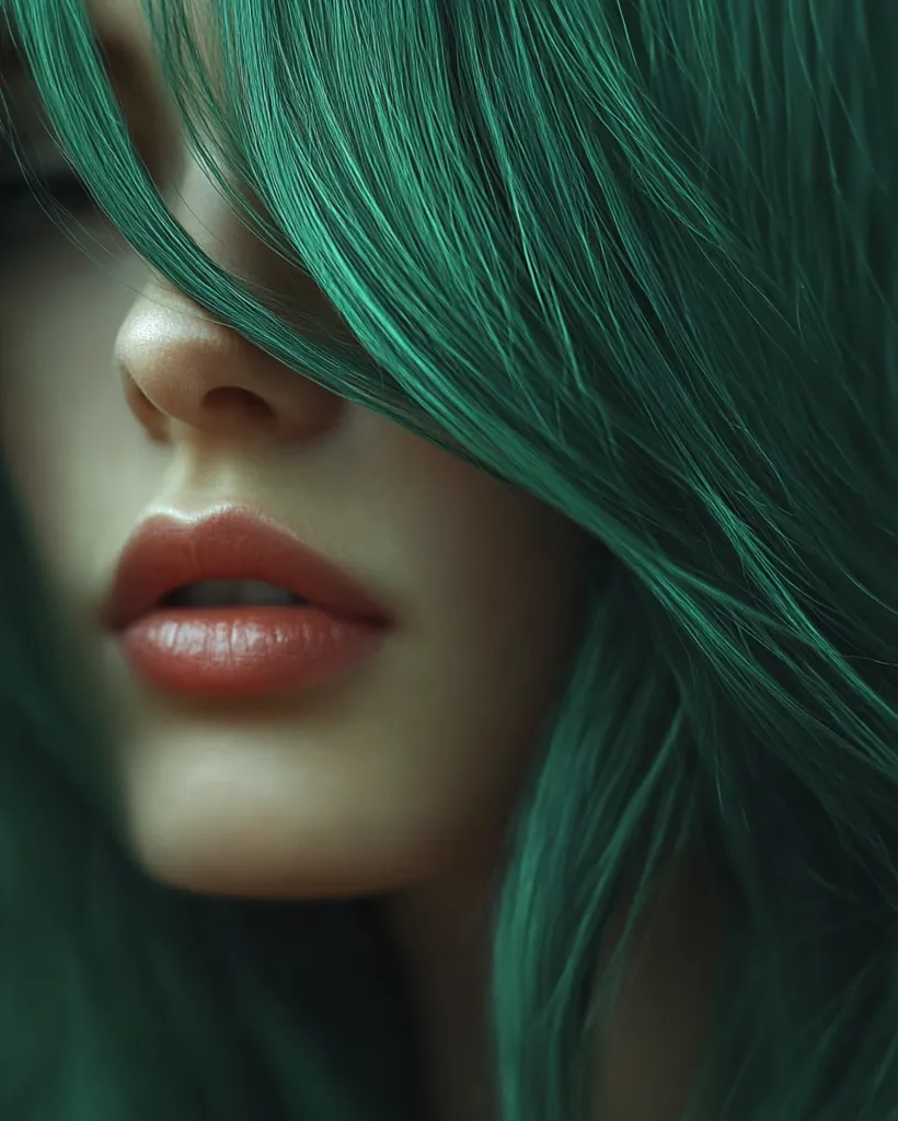 The image is a close-up portrait of a woman with vibrant green hair. Her hair falls across her face, partially obscuring her features, leaving only her lips visible. The soft lighting casts a gentle glow on her skin, highlighting the natural beauty of her face and the vibrant color of her hair. Her lips are painted a delicate pink, adding a touch of sweetness to the overall image. The focus on her lips and hair creates a sense of mystery and allure, drawing the viewer into her world.