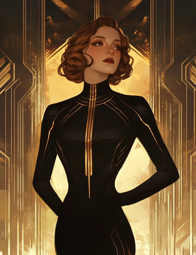 A woman with short, curly brown hair stands in a doorway with a geometric pattern. She wears a black dress with gold accents, her red lips and long lashes stand out against the muted colors. The light behind her creates a soft halo effect around her head, making her appear almost ethereal. The painting has an air of mystery and elegance.