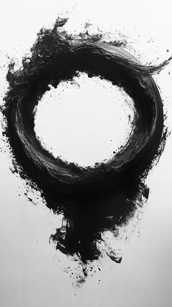 The image is a black and white abstract painting. It features a large, black, brushstroke circle with a rough, textured surface. The circle is incomplete, creating a sense of movement and energy. The background is a stark white, creating a strong contrast with the black circle. The image has a minimalist and modern feel, conveying a sense of simplicity and power.  The brushstrokes are loose and free, adding to the abstract quality of the piece.