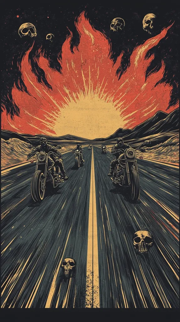 The image is a dark, stylized illustration of a group of bikers riding down a highway. In the background, a fiery, sun-like explosion fills the sky. Skulls are scattered across the top of the image, adding a sense of danger and rebellion. The image conveys a sense of speed, freedom, and the thrill of the open road.  The overall aesthetic is gritty and rebellious.