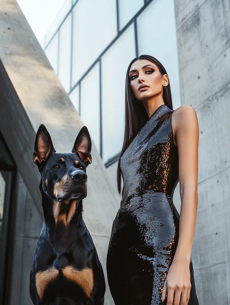 A woman in a black sequined dress stands next to a black and tan Doberman Pinscher. She is looking at the camera with a serious expression. The background is a modern architectural structure with large windows. The woman's hair is long and straight. The image has a stylish and sleek aesthetic. The dog is sitting patiently beside the woman.  The lighting in the image is warm and natural.  The woman and the dog have a confident and alluring presence in the image.