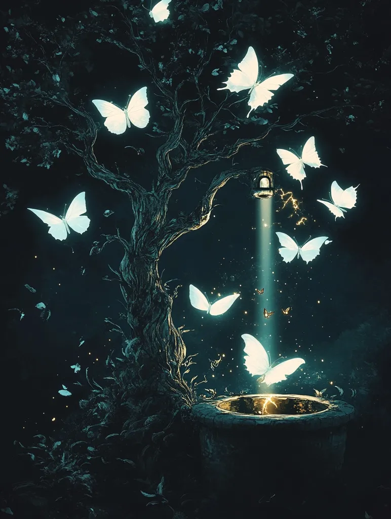 A large tree with gnarled branches stands tall against a dark night sky. White butterflies flutter around the tree, drawn to a golden light emanating from a lantern hanging from a branch. The light illuminates the surrounding area, casting long shadows and creating a magical atmosphere. The butterflies appear to be attracted to the light, suggesting a sense of wonder and mystery. The scene is a captivating blend of natural beauty and enchanting imagery, inviting viewers to explore the secrets hidden within.