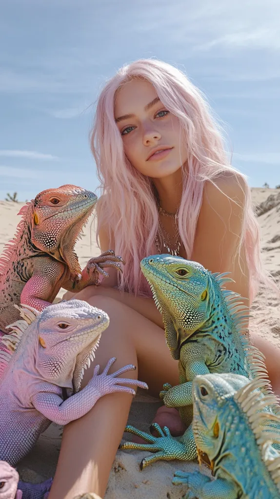 A young woman with long pink hair sits on a sandy beach, surrounded by three colorful iguanas. One iguana is resting on her leg, while the other two are interacting with her hands. The woman's expression is playful, as she gazes at the camera. The scene is whimsical and lighthearted, suggesting a connection between the woman and the reptiles.  The iguanas' vibrant scales contrast with the woman's soft pink hair, creating a visually stunning juxtaposition.