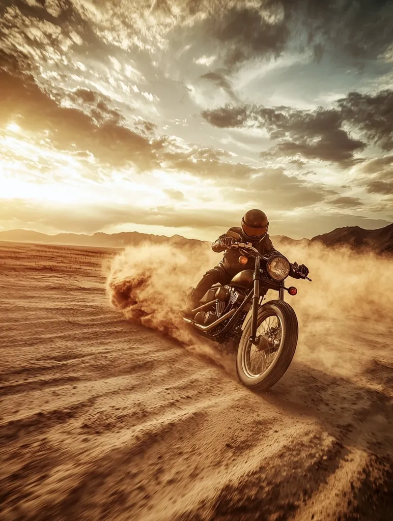 A lone motorcyclist speeds across a sandy desert landscape, kicking up a cloud of dust behind them. The sun shines brightly in the sky, casting long shadows. The rider wears a helmet and leather jacket, and the motorcycle is a classic cruiser style. The scene is one of freedom, adventure, and the open road.