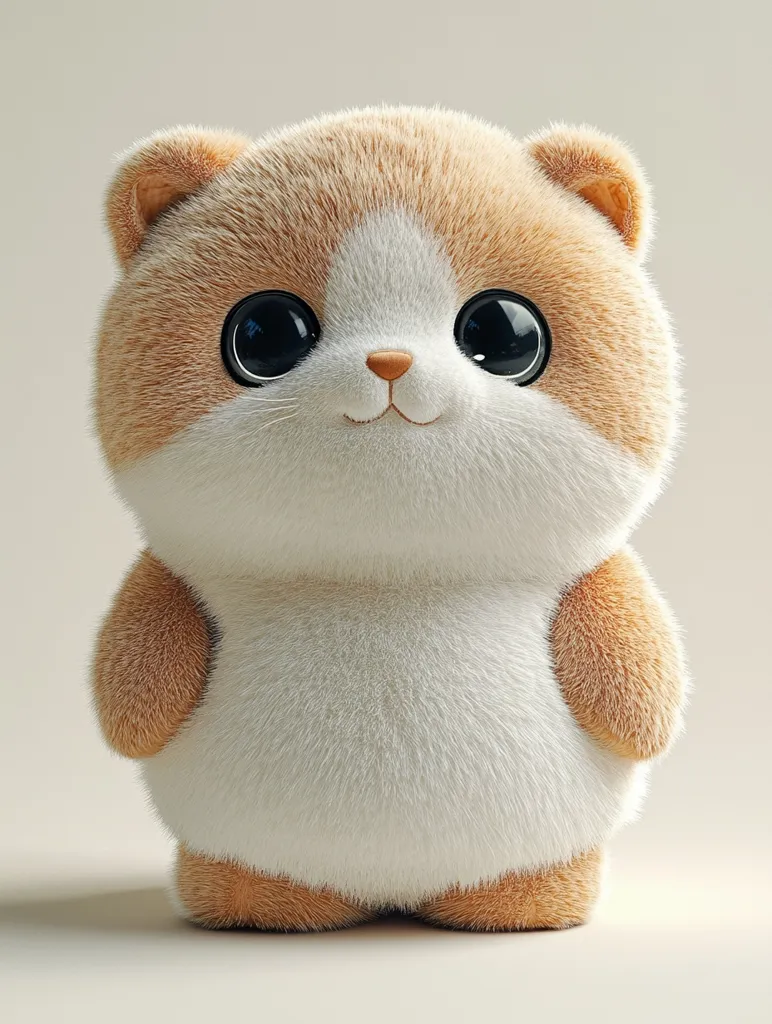 A plush toy resembling a small bear or a dog, with a round body, short limbs, and large, black eyes.  Its fur is a blend of white and light brown, creating a soft and cuddly appearance. The toy has a cute, innocent expression, with a small, pink nose and a sweet smile. It is standing against a simple, light background.