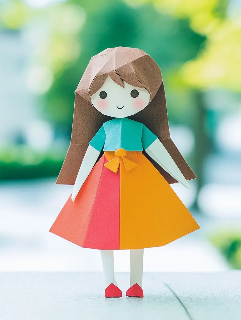 A charming origami doll stands on a white surface with a blurred green background. The doll has brown hair, a blue top with a yellow bow, and a red and orange skirt.  It has a happy, smiling face with large eyes. The doll's simple, yet detailed, design highlights the beauty of origami.