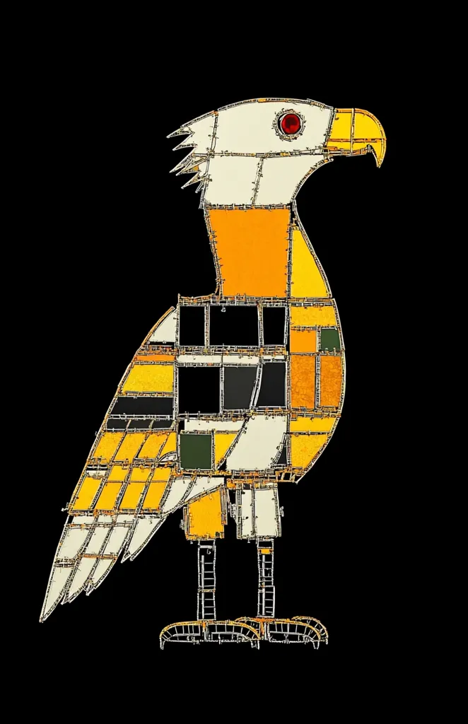 A stylized eagle is depicted against a black background. It is constructed from a series of geometric shapes, primarily rectangles and squares, arranged in a grid pattern. The bird's body is predominantly yellow and orange, with accents of white, black, and green. Its eye is a vibrant red. The eagle has a fierce expression, its head turned to the side as if in mid-flight. The composition is bold and graphic, creating a sense of energy and movement.
