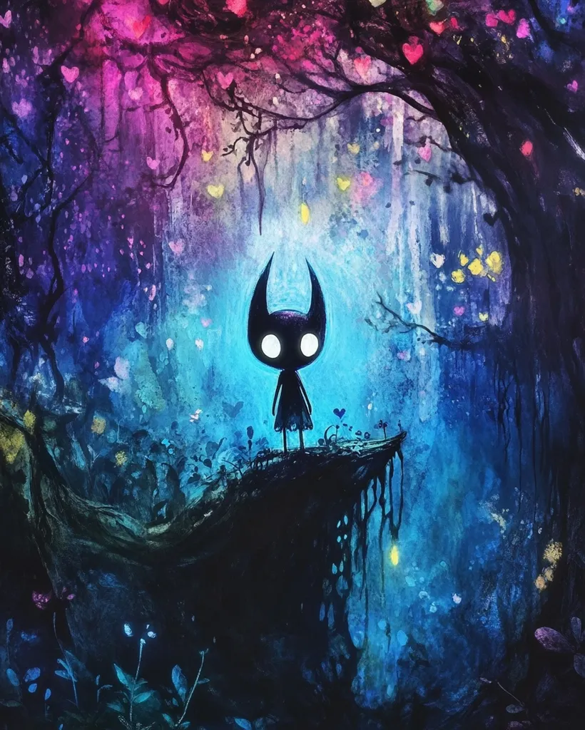 A shadowy figure stands on a cliff edge, overlooking a magical forest. The forest is filled with glowing hearts and butterflies, painted in hues of pink, blue, and purple. The figure's silhouette is stark against the vibrant background, creating a sense of mystery and intrigue.