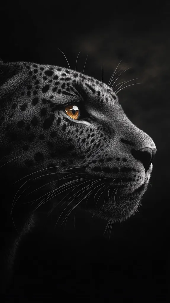 The image features a close-up of a black panther's face. The panther's fur is a dark grey, with subtle black markings. Its eye is bright orange, and its whiskers are prominent against the dark background. The panther's expression is alert and focused, suggesting a sense of intensity and awareness. The image captures the beauty and power of this majestic creature.