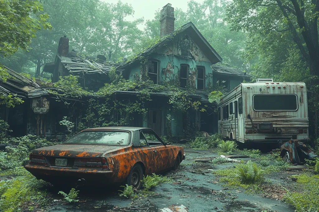 A dilapidated house, covered in vines, sits abandoned in a forest. A rusty orange car sits in front of the house, and a white RV is parked nearby. The scene is shrouded in mist, creating an eerie atmosphere. The overgrown foliage and decaying structures suggest a long period of neglect.  The image evokes a sense of decay and abandonment.