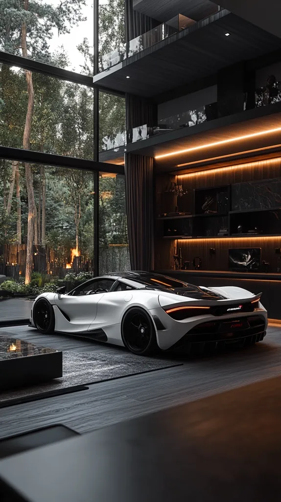 A sleek, white sports car sits in a modern, luxurious garage. The car's sharp lines and glossy finish contrast beautifully with the dark, minimalist interior. Large windows offer a view of a lush green forest outside, while warm lighting illuminates the space. A low coffee table sits in the foreground, adding a touch of contemporary elegance. The image conveys a sense of wealth and refined taste.