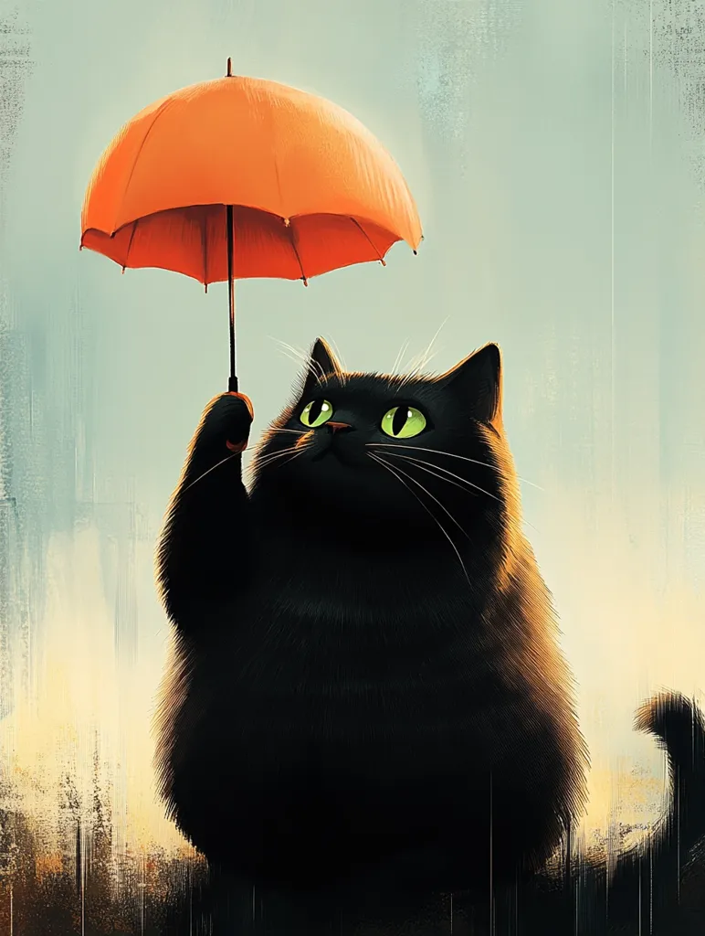 A black cat with bright green eyes holds an orange umbrella above its head. The cat is round and fluffy, with a long tail curled around its body. The background is a blurred, warm, painted scene with streaks of light and dark. The cat is looking up at the umbrella, as if enjoying the shade it provides.
