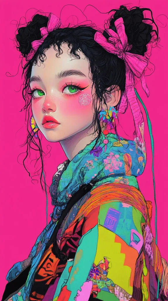 A young woman with long, dark hair styled in two buns with pink bows is looking at the viewer with a wistful expression. She has bright green eyes and wears colorful makeup. She's dressed in a brightly colored, patchwork jacket with a floral pattern underneath. The background is a vibrant pink. The overall aesthetic is playful and whimsical.