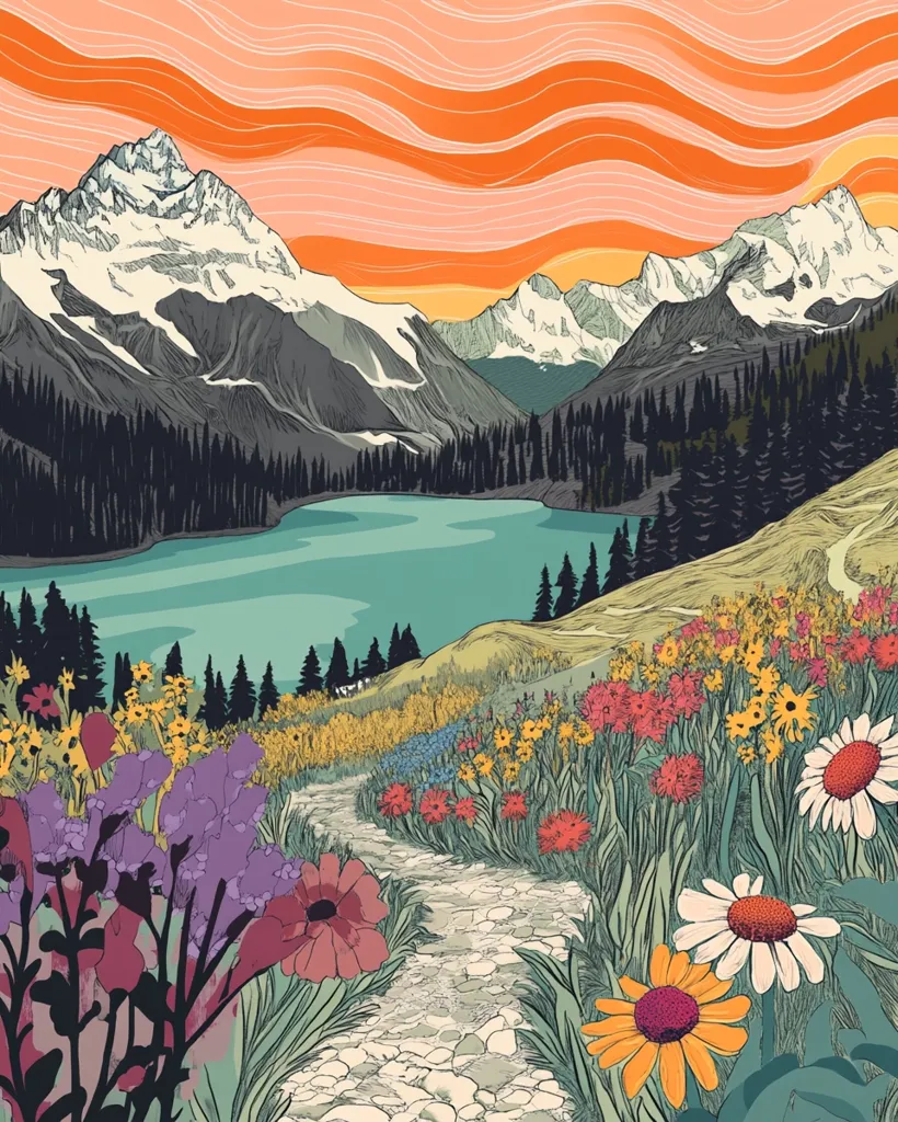 A winding stone path leads through a field of colorful wildflowers, nestled at the foot of majestic snow-capped mountains. A serene lake reflects the sky above, painted in hues of orange and pink. The scene evokes a sense of tranquility and wonder, inviting the viewer to explore the beauty of nature.