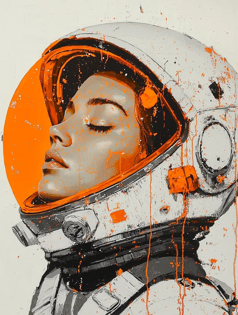The image depicts a close-up of a woman wearing an astronaut helmet. Her eyes are closed, and she appears to be in a state of peaceful contemplation. The helmet is white and gray with orange accents, and the background is a bright orange circle. The image is painted in a stylized, abstract style, with splashes of color and thick brushstrokes. The overall effect is one of mystery and tranquility.