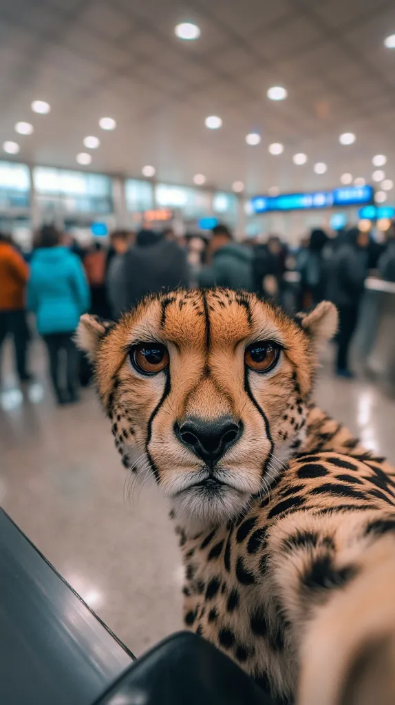 A cheetah stares directly at the camera, its face filling the foreground of the image. The cheetah's fur is a beautiful pattern of black spots and stripes against a tan background. The background is blurred, but a bustling airport terminal can be discerned, suggesting the cheetah is in an unusual setting. The cheetah's intense gaze and the  unconventional location create a sense of curiosity and intrigue.