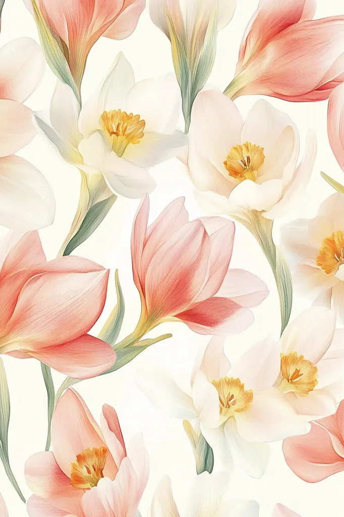 The image is a watercolor painting of a floral arrangement. Delicate pink and white flowers with yellow centers are depicted against a white background. The flowers are arranged in a loose, organic pattern. Some of the petals are overlapping, creating a sense of depth and dimension. The painting is soft and romantic, evoking feelings of spring and new beginnings. The artist has used a light, airy brushstroke to create a sense of movement and fluidity.