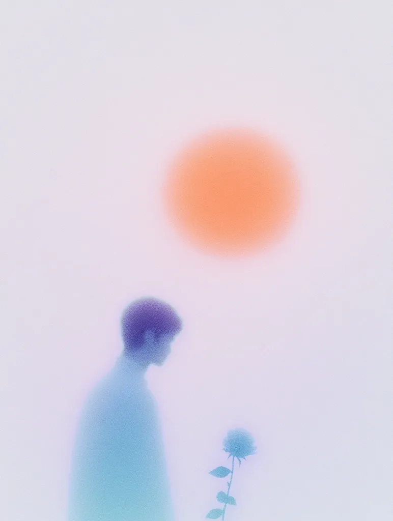 The image depicts a hazy, dreamlike scene with a blurred figure of a person standing in front of a single rose. A large, soft orange orb, resembling a sun, hangs in the upper center of the frame. The background is a pale, washed-out pink and blue, adding to the ethereal and surreal atmosphere. The overall effect is one of solitude and introspection, hinting at a sense of yearning or longing.  The image is highly suggestive and leaves much to the viewer's imagination.