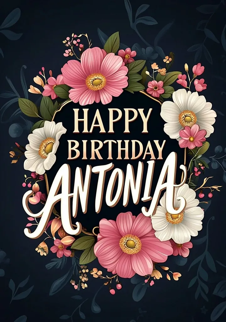 The image is a birthday card for a woman named Antonia. It features a dark blue background with a wreath of pink and white flowers surrounding a gold circle with the words "Happy Birthday Antonia" in a decorative script. The flowers are detailed and realistic, with vibrant colors and delicate petals. The card is elegant and celebratory, perfect for a special birthday greeting.