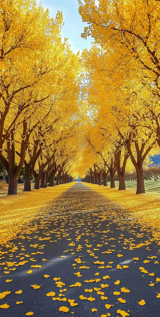 A picturesque pathway lined with vibrant yellow trees in autumn. The trees create a golden canopy overhead, casting dappled sunlight onto the path below. Fallen leaves create a carpet of gold on the ground, adding to the scene's beauty and tranquility. The image evokes a sense of warmth, peace, and the splendor of nature's changing seasons.