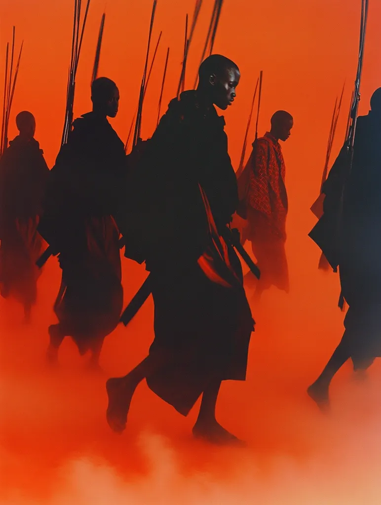 A group of individuals, silhouetted against a fiery orange backdrop, walk in a procession. They are clad in dark clothing and carry long, slender staffs, creating a sense of mystery and intrigue. The image evokes a feeling of power and determination, perhaps suggesting a march towards a shared goal. The use of shadow and light emphasizes the figures' stark presence against the vibrant background.