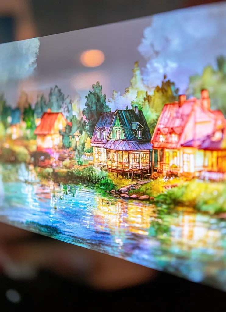 The image is a painting of a quaint village scene with colorful houses nestled along a river. The houses are rendered in a whimsical style, with details such as windows, doors, and roofs.  The river is a vibrant blue with a shimmery reflection of the sky and houses. Lush greenery surrounds the homes, completing the charming countryside scene.