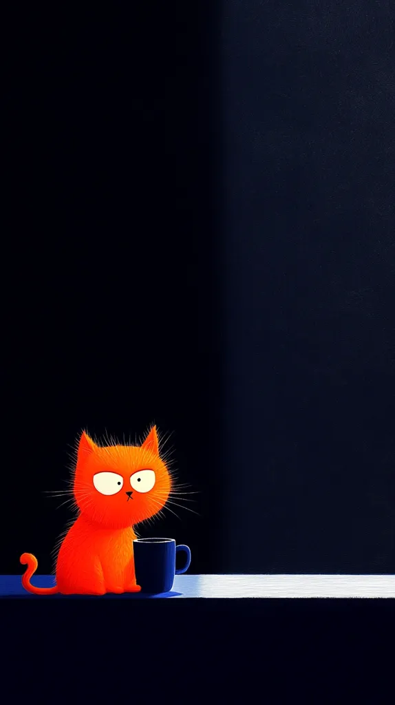 An orange cat with a grumpy expression sits on a table next to a blue mug. The cat has large, round eyes and a fluffy tail. The background is dark blue and black. The image has a cartoonish style. The cat's expression suggests a sense of boredom or frustration.