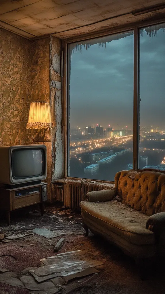 The image shows a room with a large window overlooking a city at night. The room is sparsely furnished with a vintage television, a lamp, and a couch. The city lights create a warm glow against the dark sky. The room is in a state of disrepair, with peeling paint and a floor covered in debris.  The overall atmosphere is one of loneliness and decay.