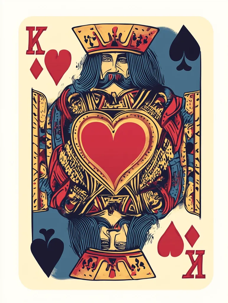 The image depicts the King of Hearts playing card. The king is depicted as a regal figure with a crown, long hair, and a beard. He is wearing elaborate clothing and armor. The card features a large heart symbol in the center and the suit symbol of a spade in the top right corner. The background of the card is a cream color with a blue and white pattern. The king's face is serious and his eyes are intense. The image is done in a stylized and colorful manner with a vintage feel.