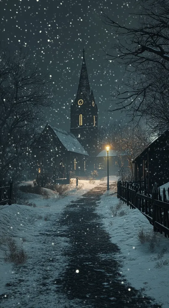 A snow-covered path winds through a quaint village under a falling snow. A tall, dark church tower stands at the end of the path, illuminated by a single streetlamp.  The scene is peaceful and quiet, with a hint of mystery in the dimly lit buildings and the falling snow.