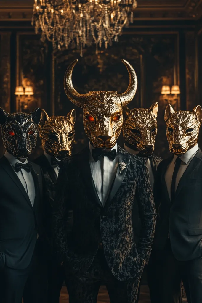 Four men, standing in a dimly lit room, all wearing formal attire and animal masks. The man in the center, wearing a black patterned suit, has a gold bull mask with menacing red eyes. To his left, is a man in a black suit with a black cat mask, and to his right are two men, one with a wolf mask and the other with a fox mask. They appear to be a group of mysterious and enigmatic figures.  The image has a dramatic and slightly sinister tone.  A chandelier hangs above them.