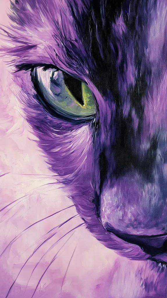 The painting depicts a close-up of a cat's face, with a focus on its green eye. The cat's fur is rendered in shades of purple and black, creating a dramatic and mysterious atmosphere. The painting is done in a loose, expressive style, with visible brushstrokes adding to its texture. The background is a soft, pale pink, further emphasizing the cat's intense gaze. The painting conveys a sense of feline curiosity and alertness.