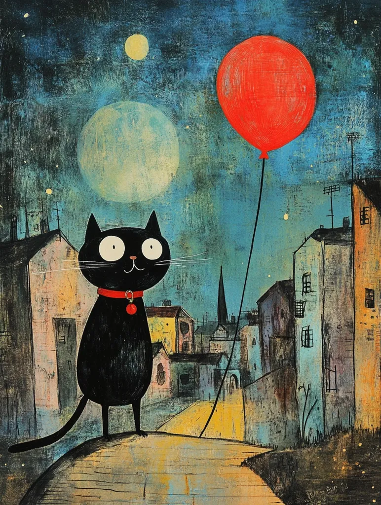 A black cat with a red collar stands on a wooden path in a small town. The cat is looking up at a large red balloon floating in the night sky.  The town is illuminated by a full moon, and there are a few stars scattered across the dark blue sky. The scene is painted in a whimsical style, with a textured background and exaggerated features.