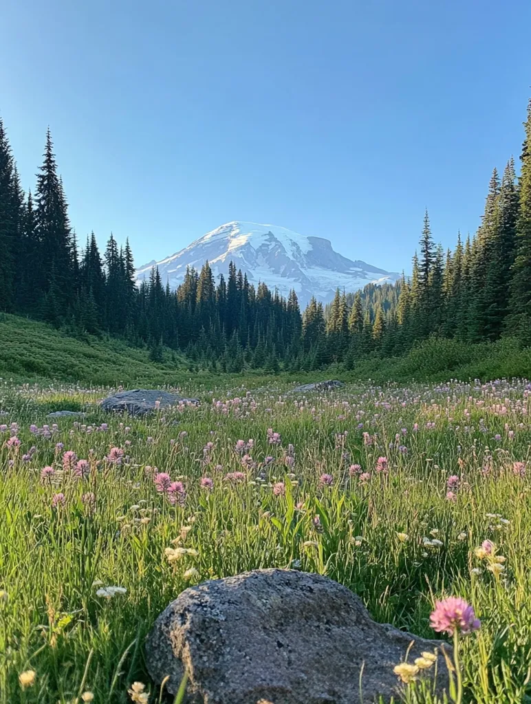 A large rock sits in the foreground of a field of wildflowers, with Mount Rainier towering in the background. The mountain is snow-capped, and the sky is clear and blue. The wildflowers are a vibrant pink and purple, and the grass is green and lush. The scene is peaceful and serene.