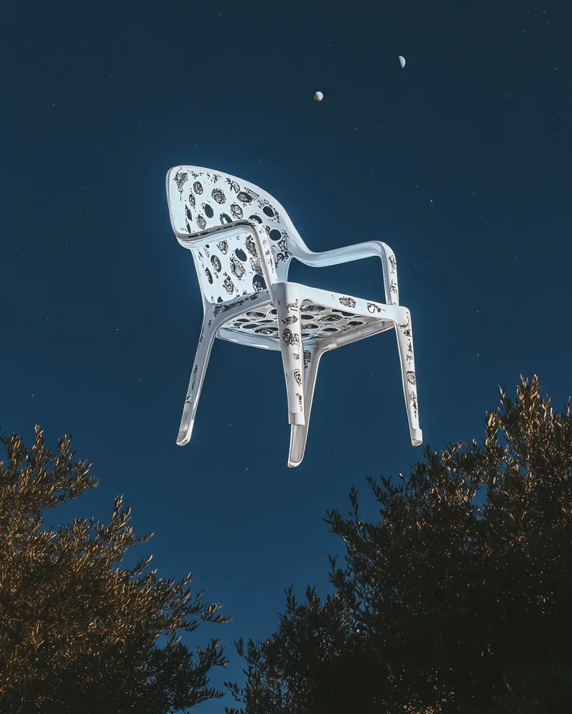 A white plastic chair with black designs floats against a night sky dotted with stars. The chair appears to be suspended in mid-air, casting a surreal and dreamlike atmosphere. Two small, distant moons add to the otherworldly feel of the image, creating a sense of wonder and possibility. The chair is silhouetted against a dark grove of trees in the foreground, grounding the scene and adding a touch of earthly context to the surreal vision.