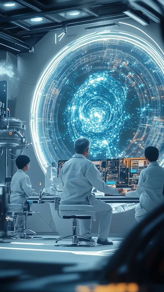 The image shows three people in white lab coats working in a futuristic laboratory. They are seated in front of computer monitors, and a large, circular, glowing window behind them depicts a swirling galaxy of data. The room is modern and sleek with a white and grey color scheme, giving a sense of technological advancement and scientific exploration. The image suggests a team of scientists working on a cutting-edge project, exploring the vast possibilities of the digital universe.
