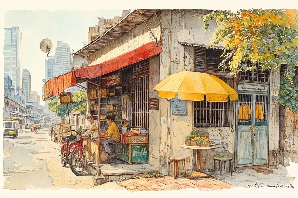 The watercolor painting depicts a bustling street scene in a Southeast Asian city. A small shop with a red awning and a yellow umbrella stands on the corner. Two men sit outside, one working at a table, the other on a motorbike. Buildings line the street, while a few people walk by. A large tree with yellow leaves hangs over the scene. The painting captures the vibrancy of city life.