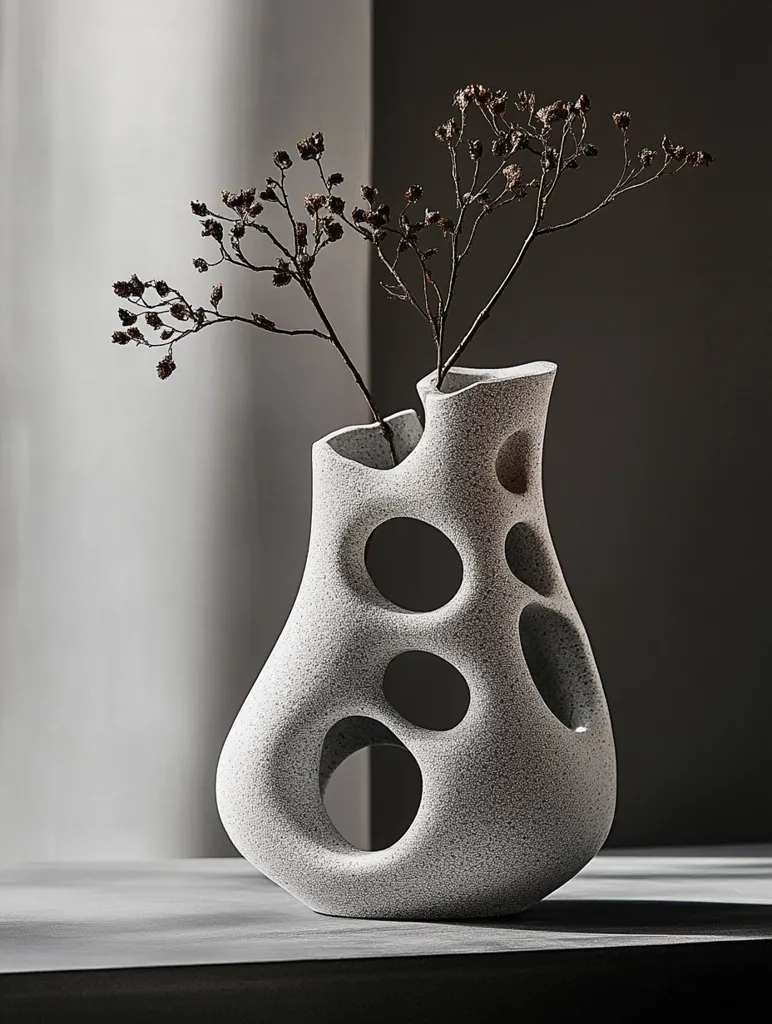 A modern, abstract ceramic vase with a textured, speckled finish. It features a unique, organic shape with several circular cutouts.  Dried, delicate branches with small brown flowers extend from the vase, adding a touch of natural elegance to the minimalist design. The vase is positioned on a simple, gray surface against a neutral backdrop, creating a clean and sophisticated aesthetic.