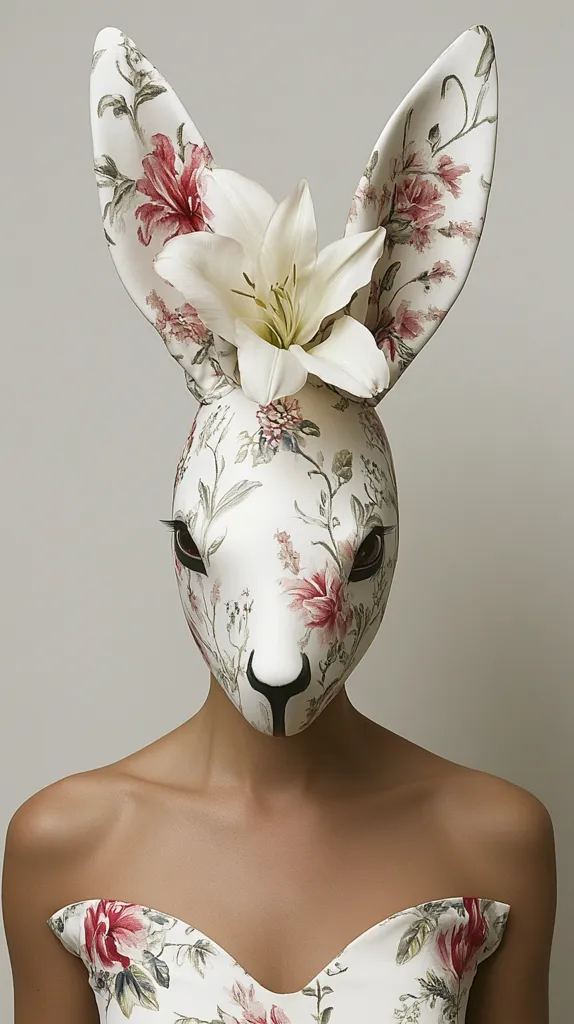 A woman is wearing a white floral rabbit mask with a white lily flower draped over the ears. Her skin is bare and she is wearing a white strapless dress with floral details. The background is a plain white. The overall aesthetic is delicate and whimsical, hinting at a fairy tale or fantasy theme. The mask creates a striking contrast against the woman’s smooth skin, enhancing the ethereal and otherworldly feel.