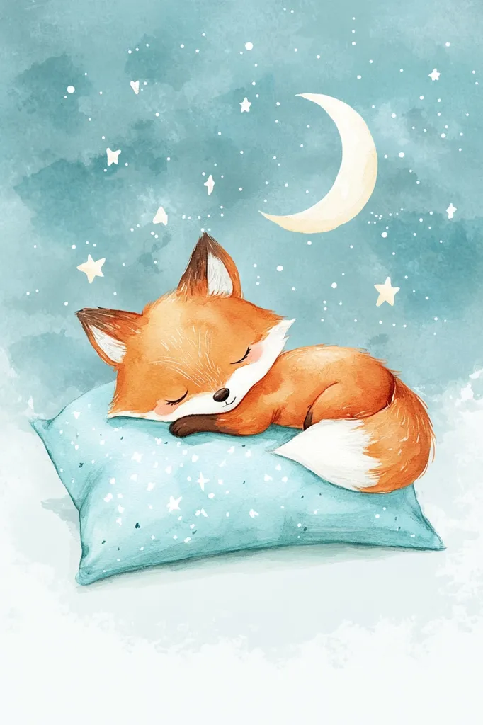 A cute, orange fox is sleeping soundly on a blue pillow. It is curled up with its tail tucked under its chin. The sky behind the fox is a soft blue and dotted with white stars and a crescent moon. The image is painted in a watercolor style and evokes a sense of peace and tranquility.