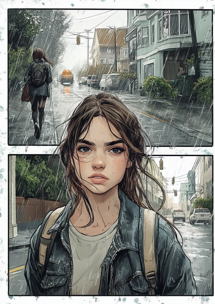 A young woman with long brown hair and a denim jacket stands on a city street, looking directly at the viewer. The street is wet from rain, and the buildings in the background are out of focus. The woman is wearing a backpack, and her expression is serious. The overall mood of the image is melancholic and introspective. The style of the illustration is realistic and detailed.