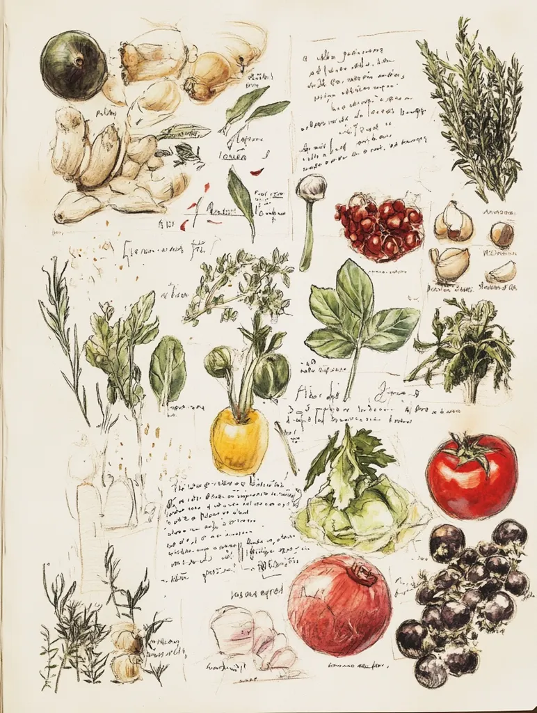 This is a watercolor illustration of a variety of vegetables and herbs. The image is on a white background with handwritten notes throughout the page. There are tomatoes, garlic, onions, blackberries, radishes, cabbage, rosemary, and many more vegetables. The illustration is a beautiful depiction of fresh produce.