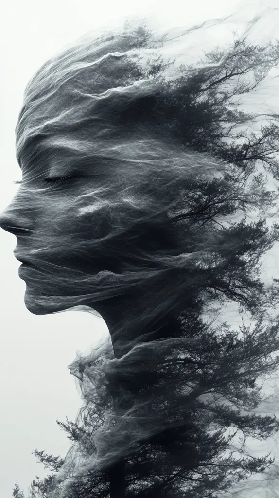 The image is a black and white photograph of a woman's face. The woman's face is obscured by a veil of delicate fabric that appears to be a tree.  The image is a blend of human and nature, creating a surreal and ethereal atmosphere. The overall tone of the image is one of mystery and contemplation. The soft lighting and subtle textures enhance the dreamlike quality of the image.  The image seems to be both delicate and strong.  The contrast between the woman's face and the fabric is striking. The fabric seems to be both a barrier and a window.