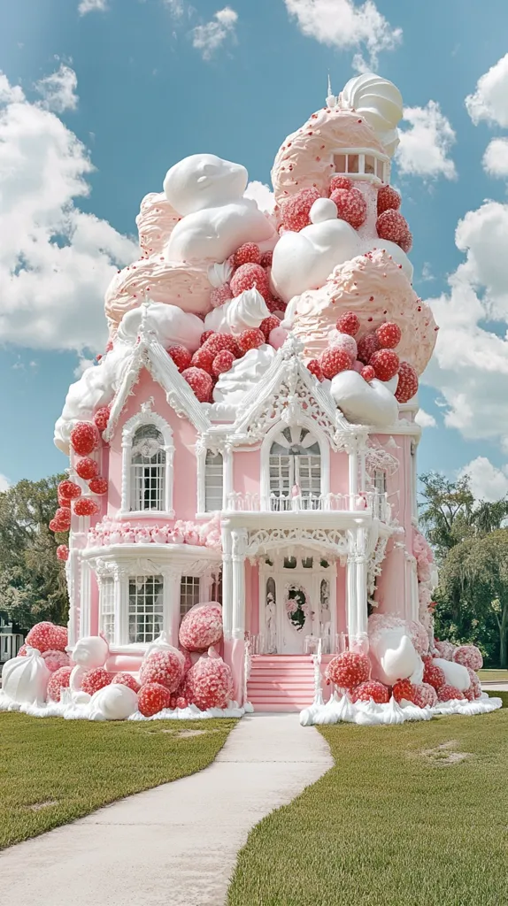 A whimsical, candy-colored house with a pink facade and white trim stands amidst a sugary landscape. The roof and surrounding ground are covered in giant, white meringue-like clouds, punctuated by clusters of bright red, candy-like berries. The house features a small porch and a walkway leading to the front door,  creating a charming and whimsical scene.  The sky is a bright blue with fluffy clouds adding to the fairytale atmosphere.